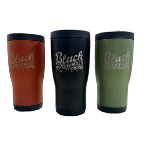 BruTrek Adventure Tumblers with Black Powder Coffee Logo engraved. Available in RedRock, Moss Green or Obsidian Black.